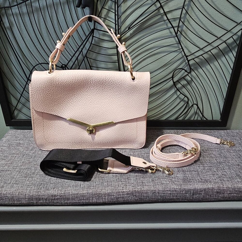 Botkier | Valentina Leather Flap Satchel, 2 Crossbody Straps, Champagne Hardware